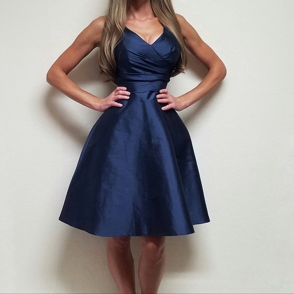 Alfred Sung Midnight Peau De Soie Pleated Side Pocket V-neck Wrap Cocktail Dress - Picture 2 of 16